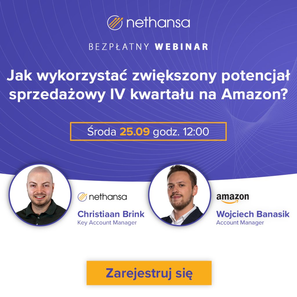 Zaproszenie na webinar o wykorzystaniu potencjału czwartego kwartału na Amazon. Na zdjęciu dwóch prowadzących.